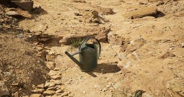CGI Empty watering can placed on dry, rocky terrain in a barren landscape video