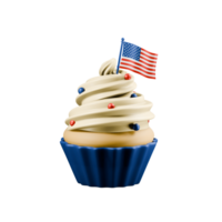 Cupcake with US design. 3d rendering. Muffin with cream and flag of America. Concept of celebration of America's Independence Day. png