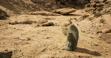 CGI Ancient stone carving in a dry landscape, highlighting historical art video