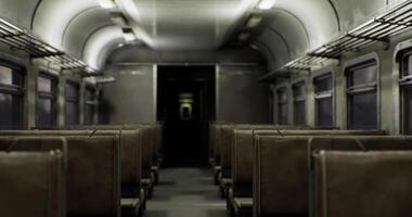CGI Dark and abandoned train interior with empty seats in a derelict environment video