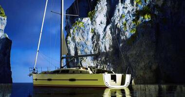 CGI Brightly lit sailboat anchored near dramatic cliffs during twilight video