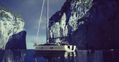 CGI Sailing through calm waters surrounded by dramatic cliffs in a serene cove video