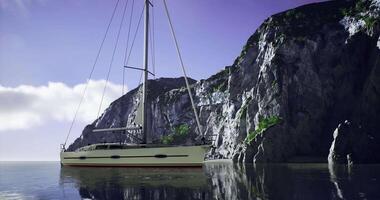 CGI Sailing adventure on calm waters near rugged cliffs during golden hour video