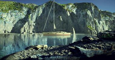 CGI Calm waters and towering cliffs create a stunning landscape with a sailboat video