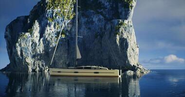 CGI Sailboat anchored near a rocky cliff in a calm ocean during bright daytime video