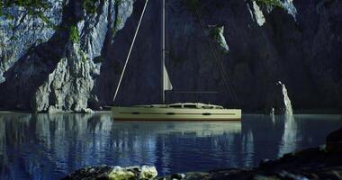 CGI Sailing boat anchored peacefully near rocky cliffs in calm waters video