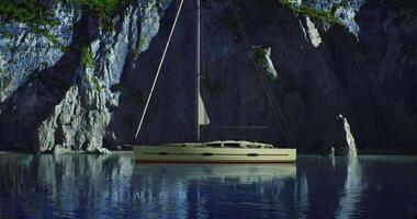 CGI Sailing boat anchored in tranquil waters surrounded by rocky cliffs video