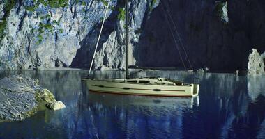 CGI Serene sailboat anchored in tranquil bay surrounded by cliffs at dusk video