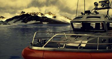 CGI Rescue boat anchored near rugged mountains under cloudy sky at sunset video