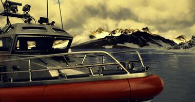 CGI Rescue boat preparing for operation in icy waters near mountain range video