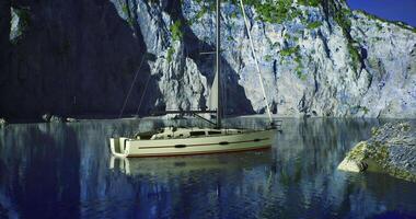 CGI Serene sailboat anchored in tranquil waters of rocky cove at twilight video
