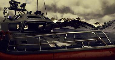CGI Boat docked on a tranquil lake surrounded by mountains under a cloudy sky video