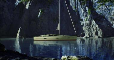 CGI Sailing vessel anchored peacefully in a serene bay surrounded by cliffs video