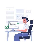 Friendly Customer Support Agent at Desk with Welcome Message on Screen vector