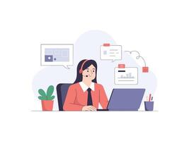 Customer service representative working on laptop with headset, illustration vector
