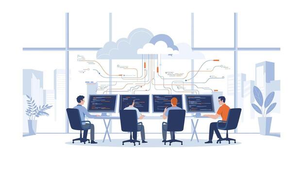 Software Engineers Collaboration in Cloud Computing, Working on Data and Cybersecurity vector