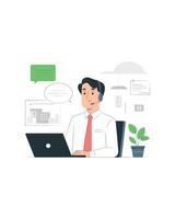 Customer Support Illustration Man with Headset Working on Laptop vector