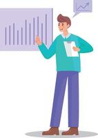 A man standing in front of a graph pointing at him analyzes sales growth data, an employee analyzes a sales growth graph, vector