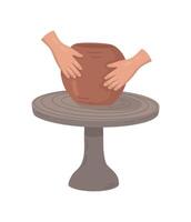 Potter makes a clay pot on a potter is wheel, illustration.Manual production of a pot from clay material on a potter is wheel. Cartoon-style illustration for hobby pottery craft. vector