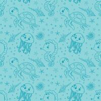 Cute children's marine drawing with turtles, jellyfish, starfish, and shells on a blue background. Drawing for printing, children's textiles and wrapping paper. illustration vector