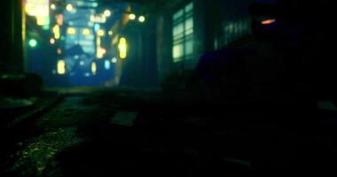 CGI Mysterious alley illuminated by neon lights at night in an urban setting video