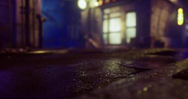 CGI Eerie street scene with wet pavement and colorful neon lights in urban setting video