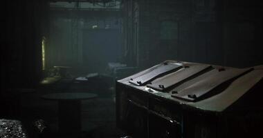 CGI Dark alleyway with a dumpster illuminated by soft green light at night video