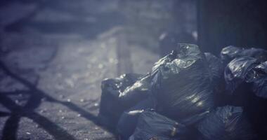 CGI Waste littered on a dimly lit urban street during the late evening hours video