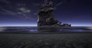 CGI Rock formations rise above tranquil waters during twilight hours video
