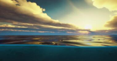 CGI Dramatic sunset over calm ocean waters with vibrant clouds reflecting colors video