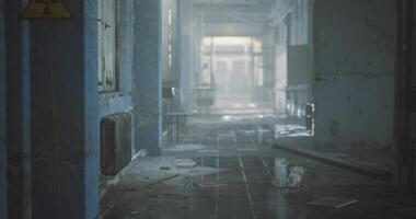 CGI Abandoned hallway with industrial design and reflections on wet floor video