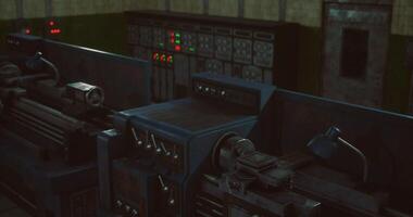 CGI Industrial machinery and control panel in a dimly lit workshop at dusk video