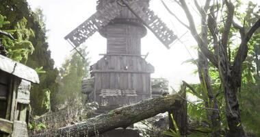 CGI Wooden windmill surrounded by lush greenery in a serene landscape setting video