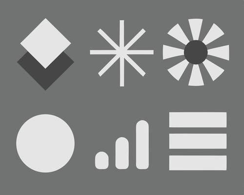 Abstract geometric shapes arranged in a modern minimalistic style on a gray backdrop.