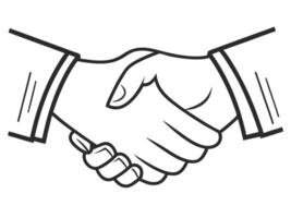 Black and white line art illustration of two hands shaking in a business agreement. vector