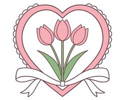 Charming floral illustration featuring pink tulips arranged within a heart shaped frame with a ribbon vector