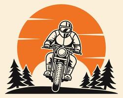 Vintage motorcycle rider driving towards sunset with pine trees and a classic outdoor adventure theme vector