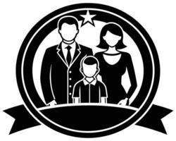 Family portrait illustration featuring father mother and son within a circular emblem design vector