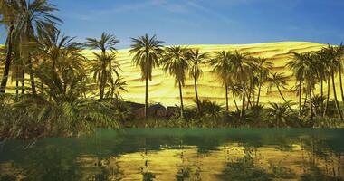 CGI Desert oasis with palm trees and reflective water under blue sky video