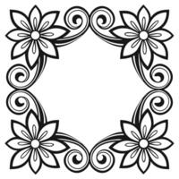 Elegant floral frame design with stylized flowers and decorative swirls in monochrome style vector