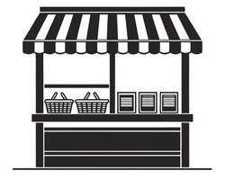 Black and white illustration of a market stall with striped awning and product baskets. vector