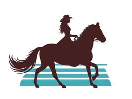 Silhouette of a cowgirl riding a horse over a teal colored obstacle in a clean graphic style vector