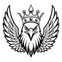 Majestic eagle head wearing crown with wings outspread in a classic black and white illustration vector