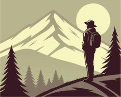 Silhouette of a hiker backpacking in the mountains with trees and a bright sun vector