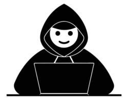 Black and white illustration of a person wearing a hood working on a laptop computer vector