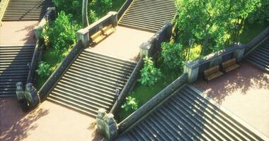 CGI Steps through a lush park with benches and greenery during daylight hours video