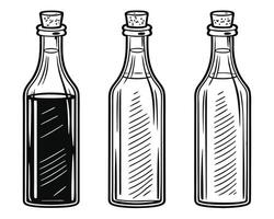 Vintage line art illustration of three bottles with liquid and cork stoppers isolated vector