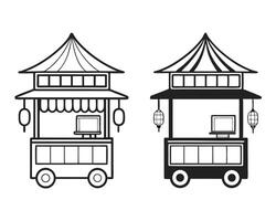 illustration of two traditional asian food stalls with lanterns and computer screen vector