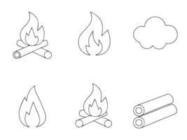 Black and white outline illustrations of campfires flames clouds and wooden logs perfect for various design projects vector