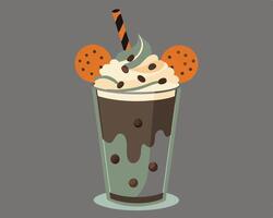 Delicious milkshake decorated with whipped cream, cookies, and coffee beans on a neutral gray background. vector